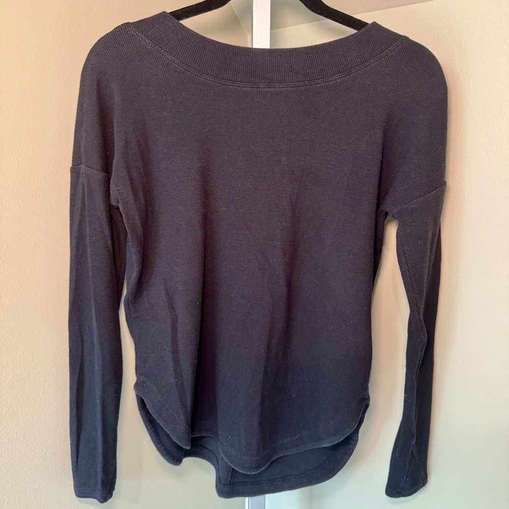 Athleta Womens Black Ribbed Open V Back Long Sleeve Top XXS Cotton Modal Stretch